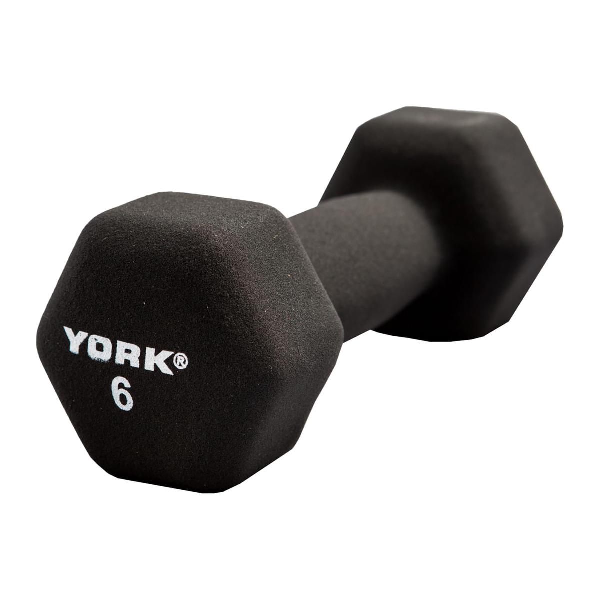 York Barbell Neoprene Hexagon Dumbbells with Cast Ergo Handle (6lb, Pack of 1) | Durable Anti-Slip Exercise & Fitness Strength Training Free Weights for Home Gym | Black | For Men & Women