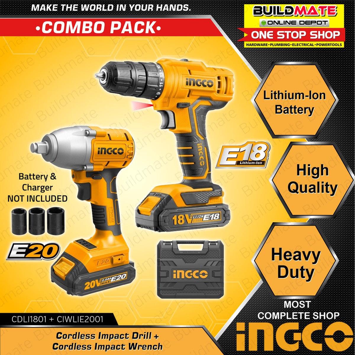 [COMBO] INGCO Cordless Drill 18V CDLI1801 + Cordless Impact Wrench 20V CIWLIE2001 BUILDMATE IPT