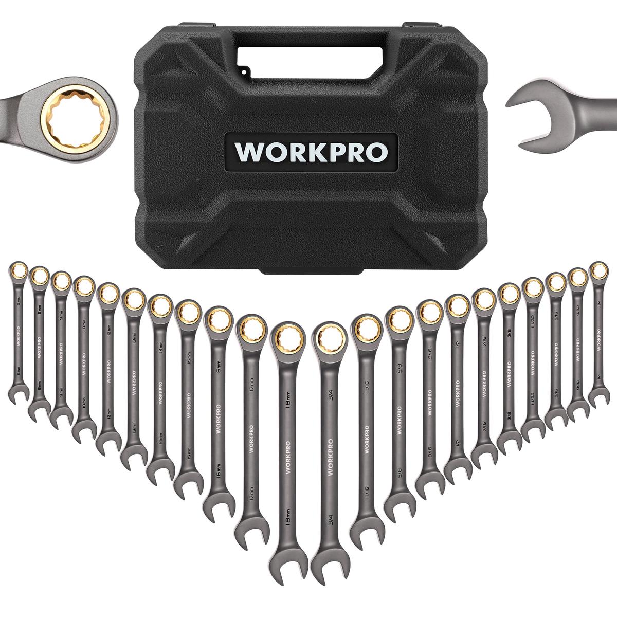 WORKPRO 22-Piece RegularFlex-Head Ratcheting Wrench Set with Organizer Box 72 Teeth Metric 6-18mm SAE 14-34