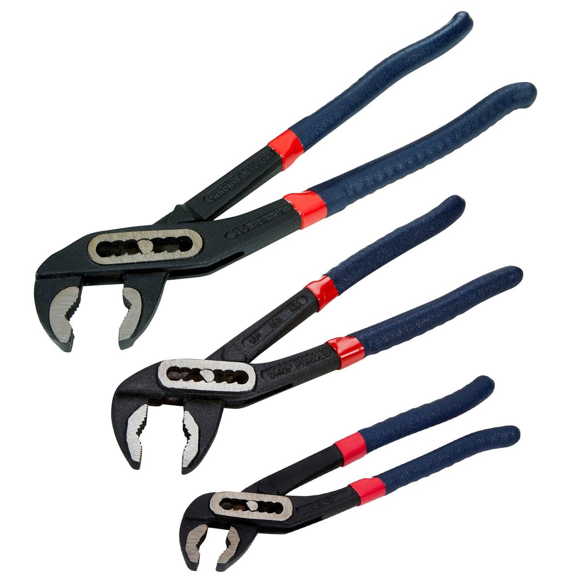 3pc Adjustable Waterpump Pliers Set | Slim Jaw Slip Joint Plumbing Wrenches 7", 10" and 12"