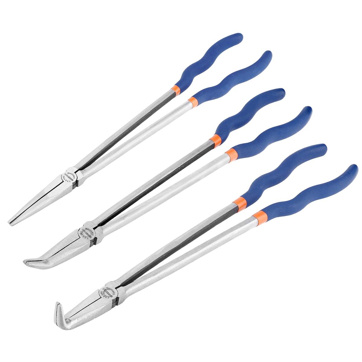 3 Pcs Long Reach Pliers Set, 16 Inches Extra Long Needle Nose Pliers Set with Straight Nose Pliers, 45 Degree & 90 Degree Angle Bent Nose Pliers, Long Handle Nose Pliers for Narrow Spaces