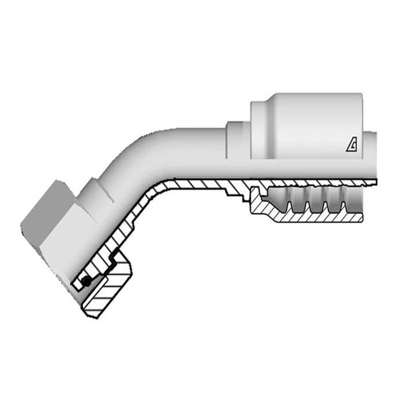 B-1026-FM4L Alfagomma by Kuriyama | B Series | One-Piece AlfaCrimp Hydraulic Hose Fitting | 45 Elbow | DIN 3865 Light | -10 Hose ID x 26mm Female Metric 24 Cone with O-Ring | Steel